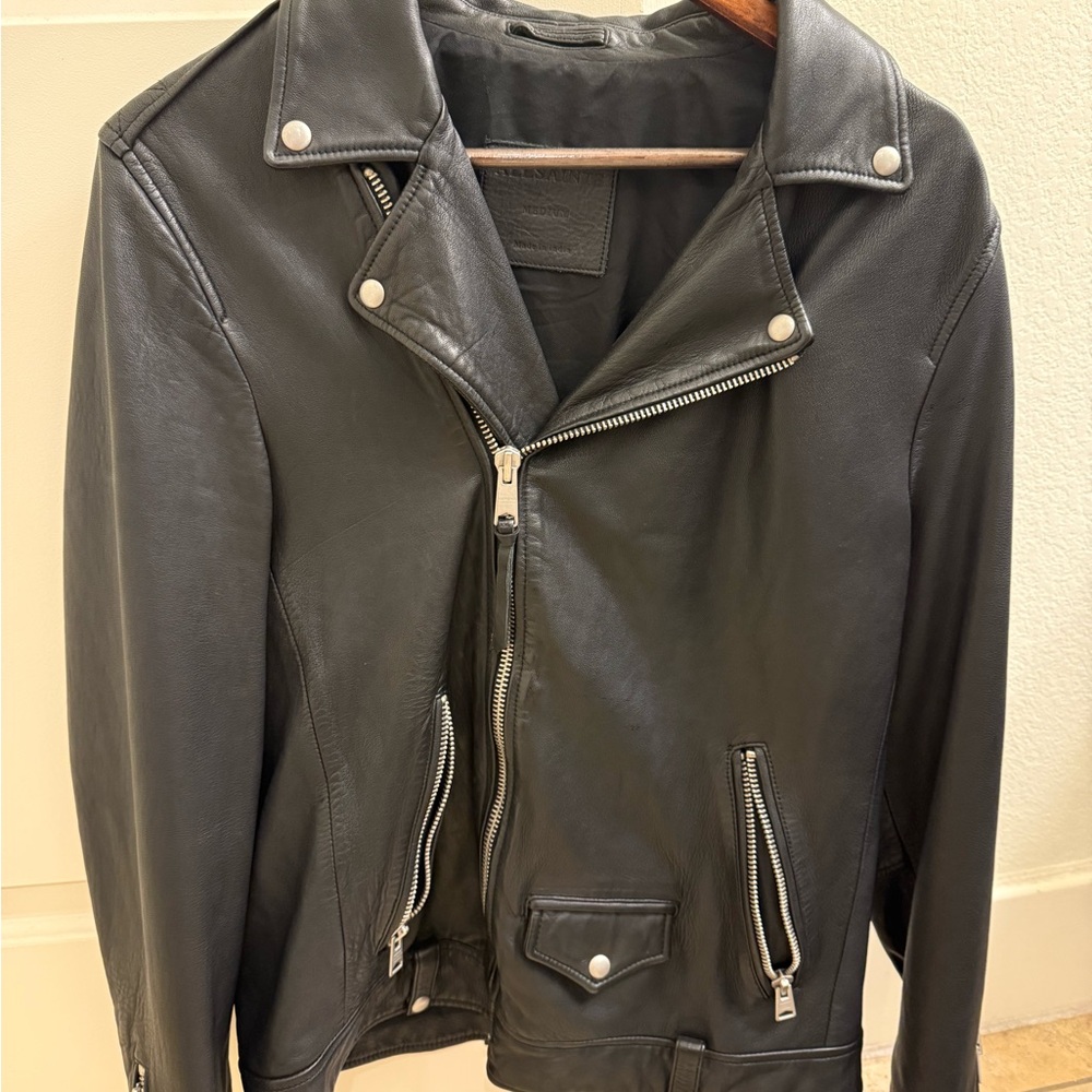 All Saints Black Leather Motorcycle Jacket with Asymmetrical Zipper
